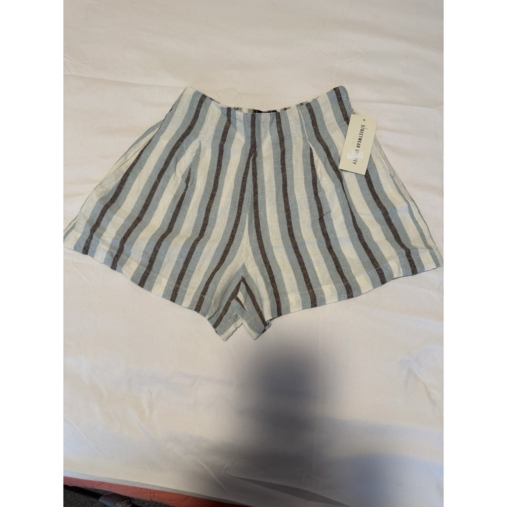 Women's Paperbag Striped Blue Brown WhiteLinen Blend NWT Size Small. COMFORTABLE